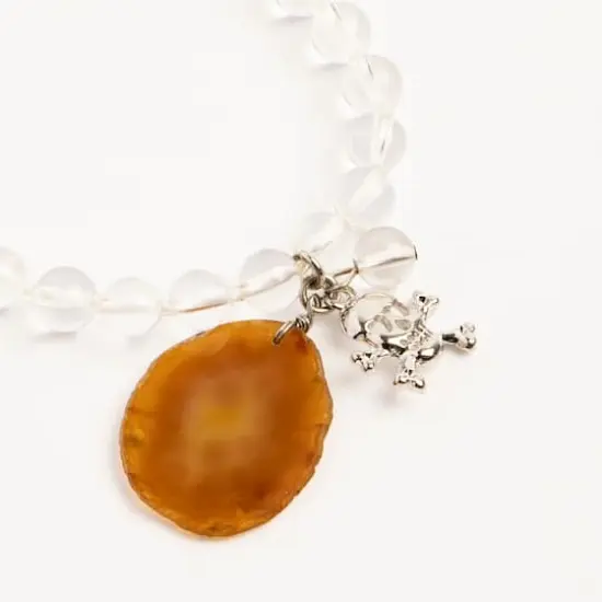 John Bead Crystal Quartz Clear Natural Stone Bracelet with Brown Agate & Skull Charm {3}