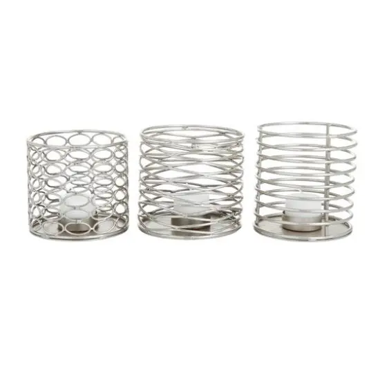 Set of 3 Silver Iron Modern Candle Holders, 4" x 4" x 4" {7}