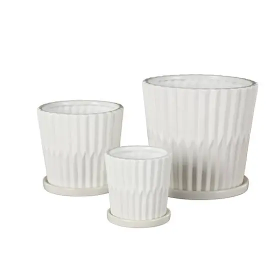 White Double Ribbed Textured Ceramic Planter Set {4}