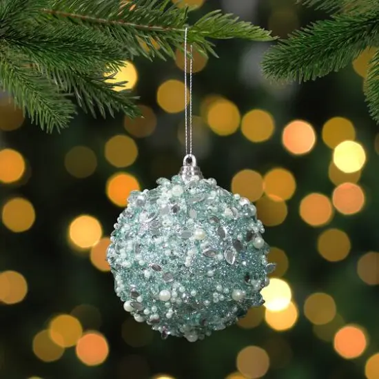 3.5" Green Glitter and White Beads Shatterproof Christmas Ball Ornament {3}