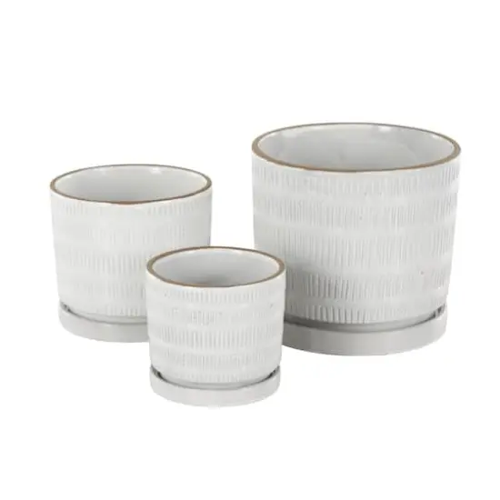 White Linear & Dotted Pattern Ceramic Planter Set {4}