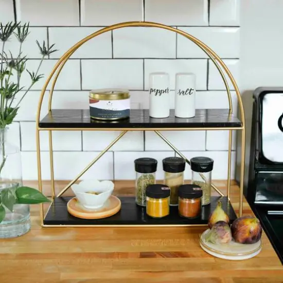 Hello Honey&reg; Wood & Metal Gold Crescent Wall Shelf Black {3}