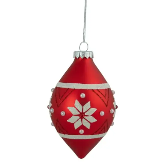 5" Glittered Red & White Snowflake Glass Finial Christmas Ornament {1}