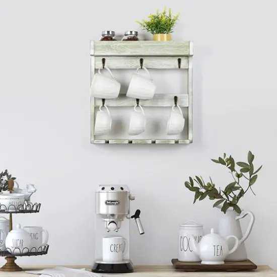 NEX&trade; 16" Green White Wood Wall-Mounted Coffee Mug Rack {7}