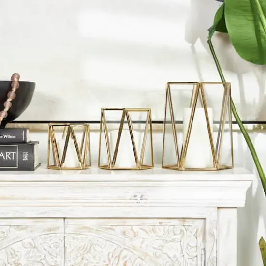 CosmoLiving by Cosmopolitan Gold Geometric Hexagon Candle Lantern Set {9}