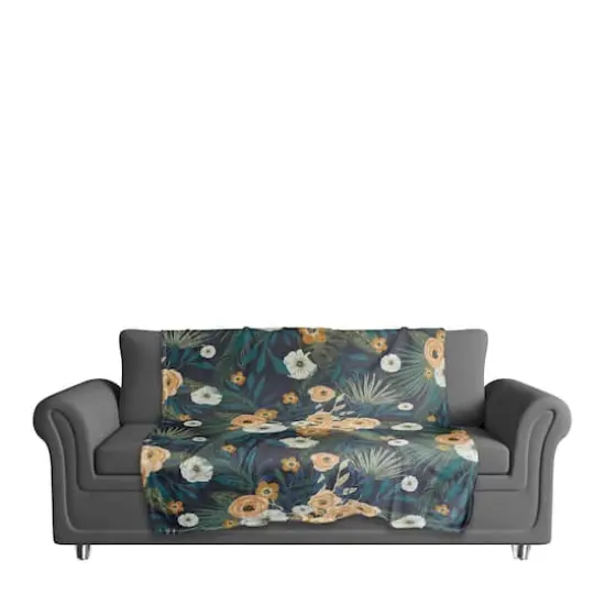 Tropical Floral Coral Fleece Blanket Navy {4}
