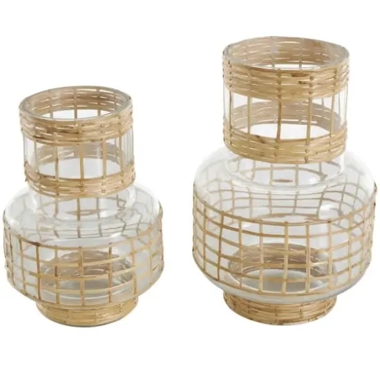 Clear Glass Double Ring Rattan Wrapped Vase Set {1}