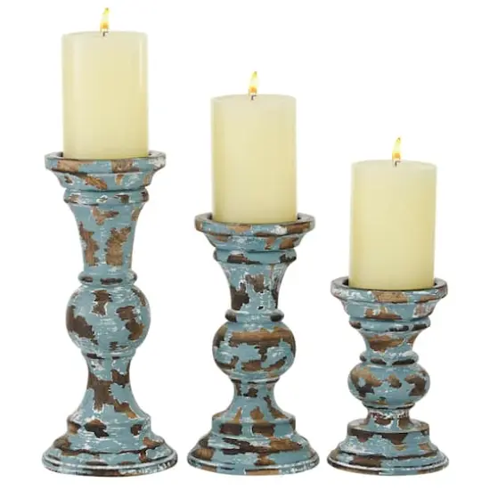 Light Blue Mango Wood Country Cottage Candle Holder Set {1}