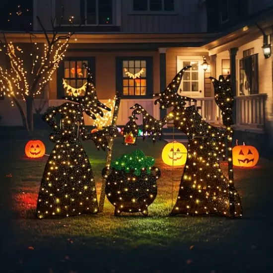 Glitzhome&reg; Set of 3 Lighted Halloween 2.5D Witches with Cauldron Outdoor Decor {3}