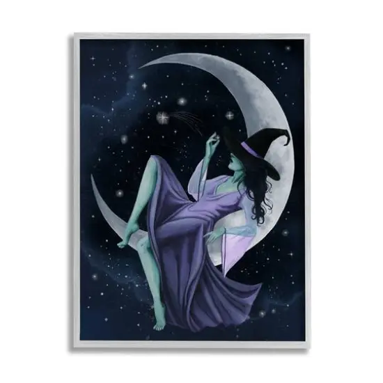 Stupell Industries Witch Relaxing Crescent Moon Framed Giclee Wall Art Gray {1}