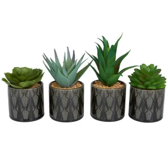 Green Faux Foliage Small Succulent Artificial Plant with Leaf Patterned Pot Set {8}