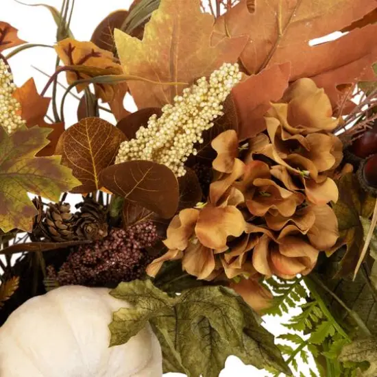 26" White Pumpkins & Leaves Fall Harvest Wreath {7}