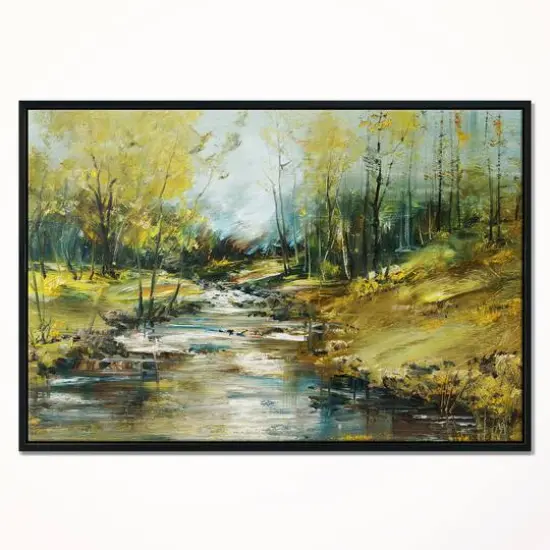 Designart - Creek in the Forest Oil Painting - Landscape Painting Canvas Print in Black Frame {3}