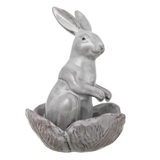 Hello Honey&reg; 8" White Stoneware Rabbit Figurine with Flower Shaped Bowl {6}