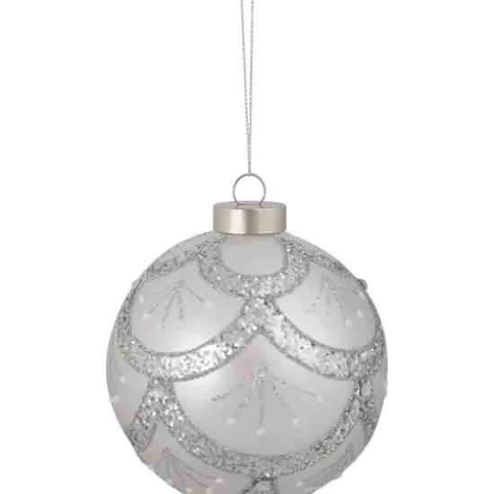 4" Glittered Silver Glass Ball Ornament {7}
