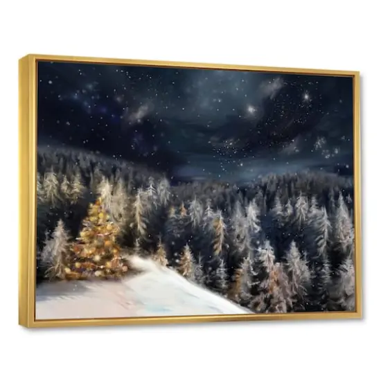 Designart - Night Forest Christmas Tree - Landscape Framed Canvas Art Print Gold {1}