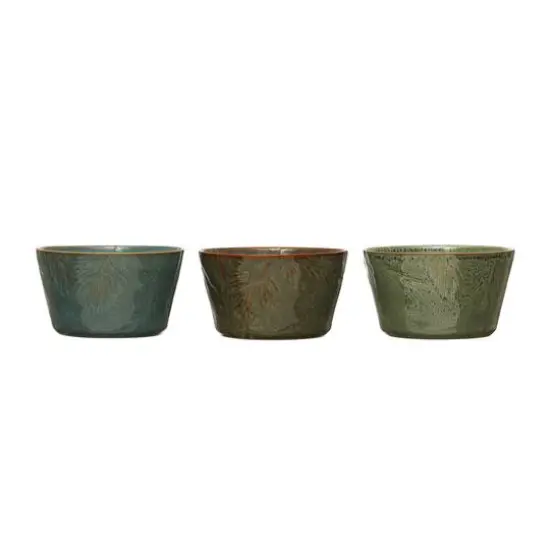Hello Honey&reg; 5" Multicolor Pine Bough Embossed Stoneware Bowls with Reactive Glaze, 3ct. {1}