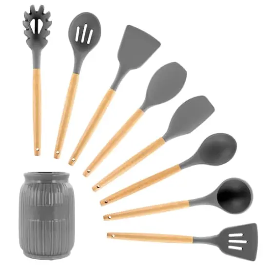MegaChef Gray Silicone & Wood Cooking Utensils Set, 9ct. {1}