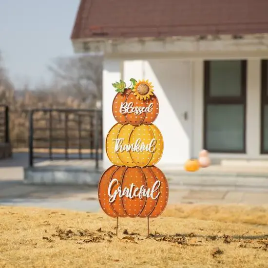 Glitzhome&reg; 35.5" Thanksgiving Metal Stacked Pumpkins Yard Stake {3}
