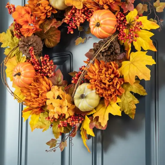 Glitzhome&reg; 24" Fall Dahlia, Pumpkin, Leaf & Berry Wreath {6}