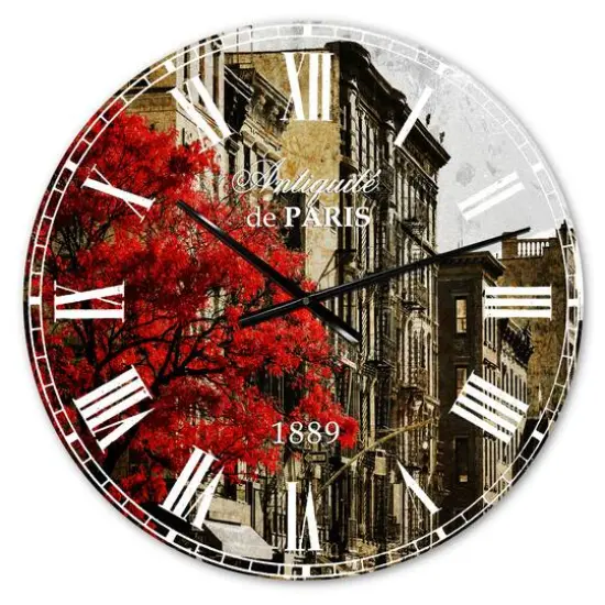 Designart 'Red Tree On Black And White New York City Street Industrial Wall Clock {1}
