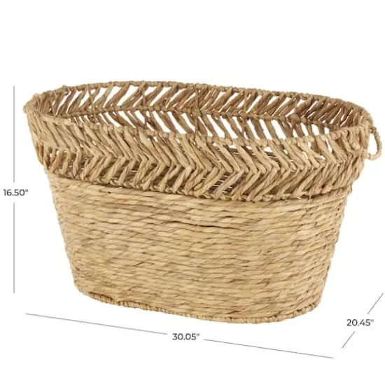 30" Brown Seagrass Handmade Woven Oval Storage Basket with Zig Zag Patterned Rim {8}