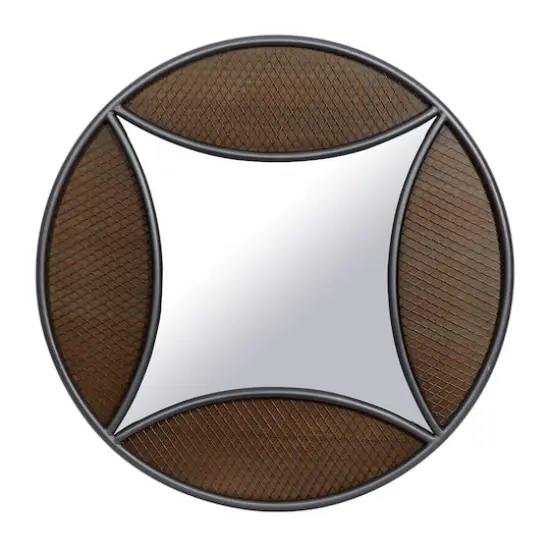 32" Brown Wood Industrial Round Wall Mirror {1}