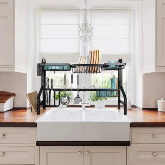 NEX&trade; Black 2-Tier Over the Sink Dish Rack with 5 Utility Hooks {7}