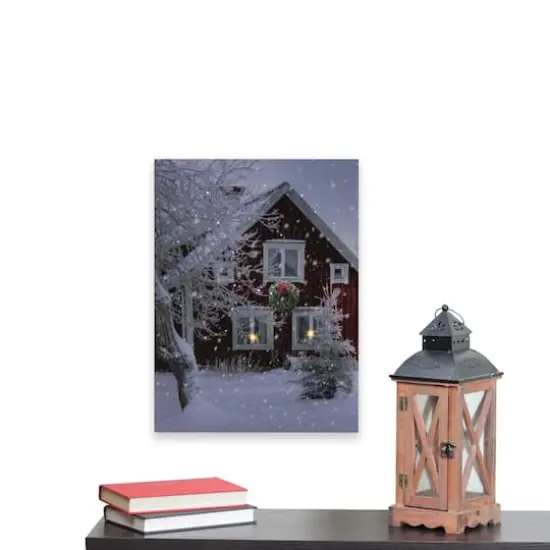 LED Lighted Red Snowy Barn House Christmas Wall Art {3}