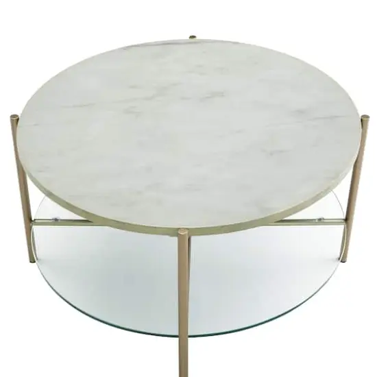Faux White Marble, Glass & Gold Modern Round Coffee Table  {6}