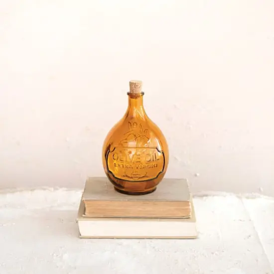 Hello Honey&reg; 7" Amber Olive Oil Embossed Reclaimed Glass Bottle with Cork {3}
