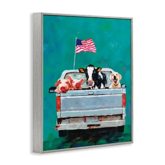 Stupell Industries Farm Animals Pickup Truck Waving American Flag Framed Giclee Art Gray {4}