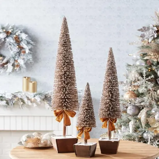 Glittery Golden Potted Pine Tree Tabletop D&eacute;cor Set, 39", 30" & 20.5" {3}
