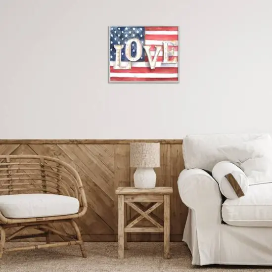 Stupell Industries Vintage Love Text Over Stitched American Flag Framed Giclee Art Gray {3}