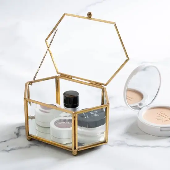 Home Details Vintage Mirrored Bottom Gold Hexagonal Glass Keepsake Box {5}