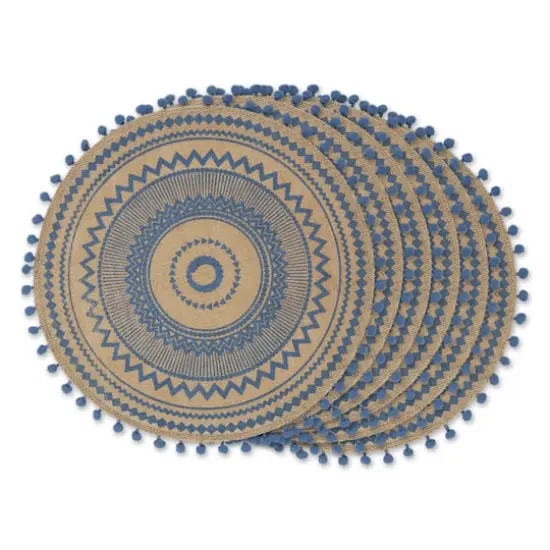 French Blue Aztec Print On Natural Round Jute Placemat (Set of 6) {1}