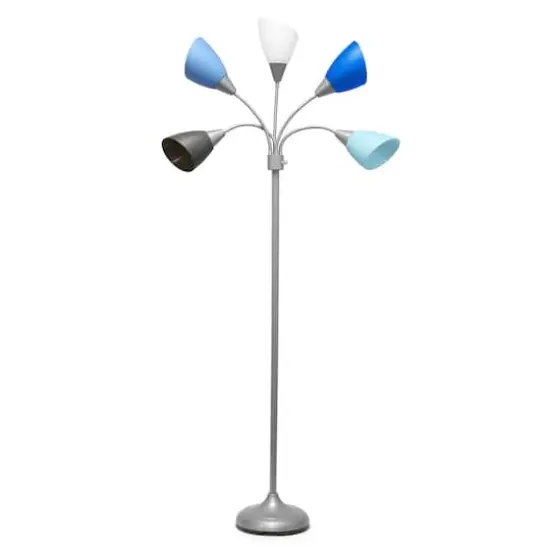 Simple Designs&trade; 5.6ft. 5-Light Gooseneck Silver Floor Lamp Silver White Gray and Blue Shades {1}