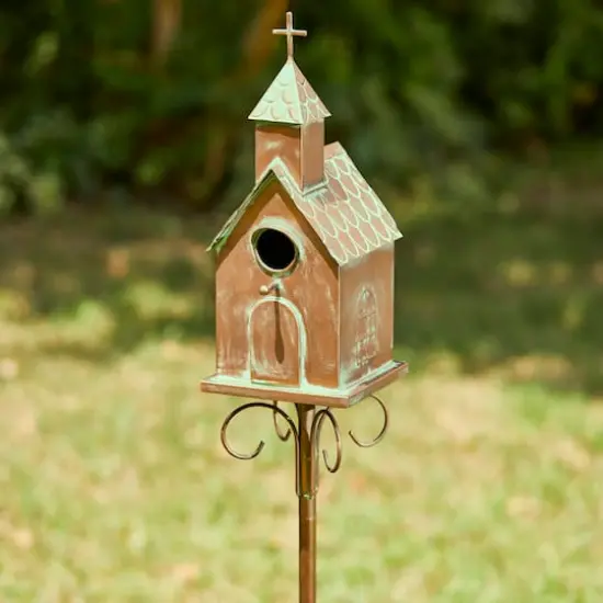 Glitzhome&reg; 4ft. Faux Copper Distressed Metal Church Birdhouse with Stake {3}