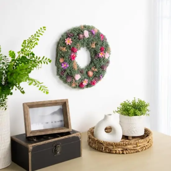 13" Pink Rose & Purple Thistle Spring Wreath {3}