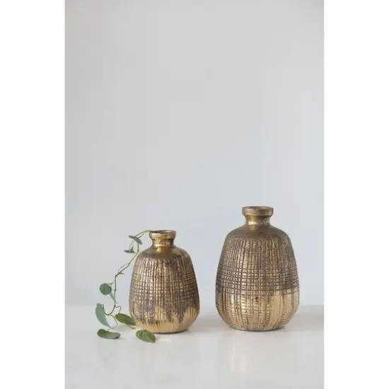 Hello Honey® 10" Gold Textured Terracotta Vase with Lines {4}