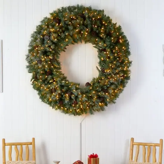 5ft. Clear LED Lights Flocked Artificial Christmas Wreath With Pinecones {5}
