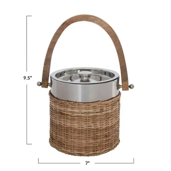 Hello Honey&reg; 9.5" Stainless Steel & Woven Rattan Ice Bucket with Mango Wood Handle {4}