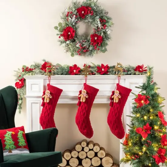 Glitzhome® 22"L Red Knitted Christmas Stocking with Gingerbread Man Ornament {6}