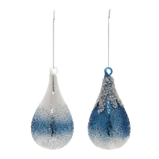 6" Navy Beaded Glass Teardrop Ornaments Set {4}