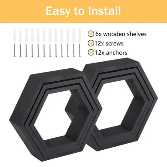 NEX&trade; Hexagon Floating Shelf Set Black {6}