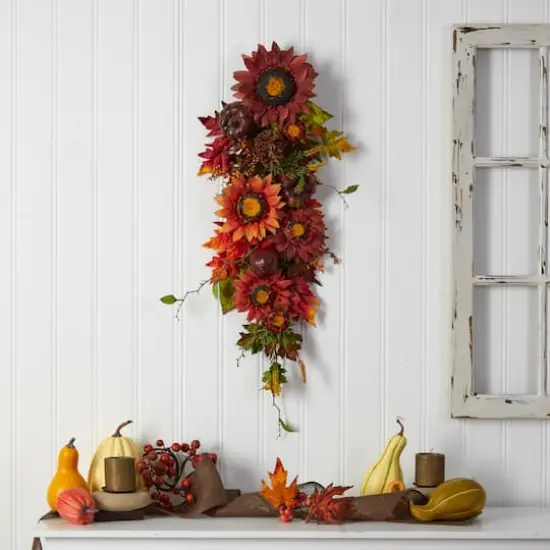 35" Sunflower, Pumpkin & Berries Autumn Teardrop Swag {5}