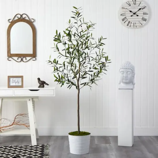 6ft. Olive Artificial Tree in White Tin Planter {4}