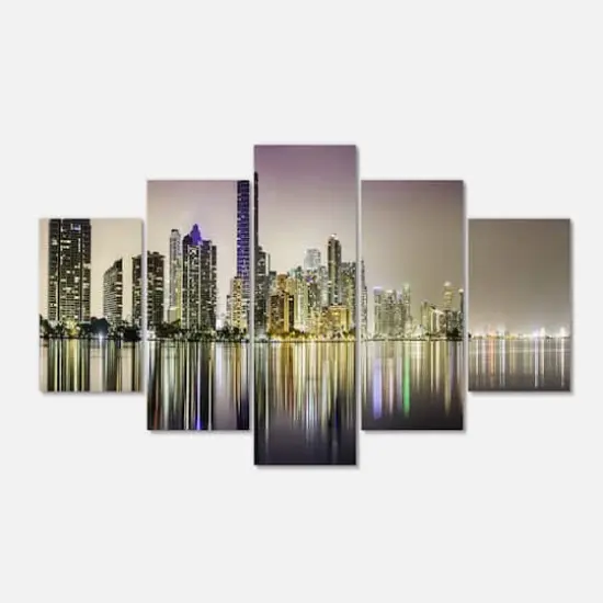 Designart - Miami Downtown Night Panorama - Purple - Extra Large Canvas Art Print {1}