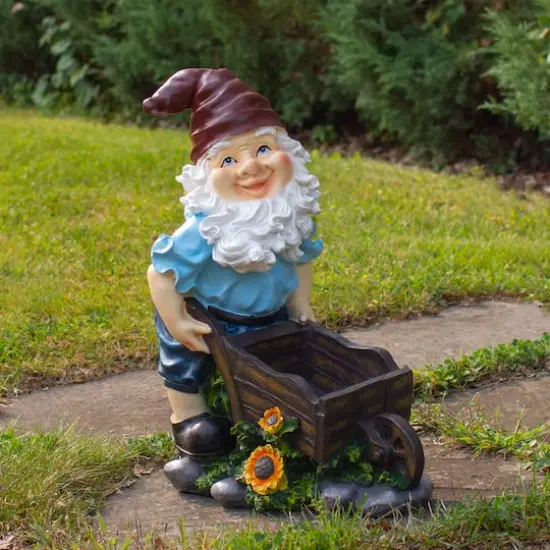 20" Blue & Brown Wheelbarrow Gnome Outdoor Garden Statue {3}