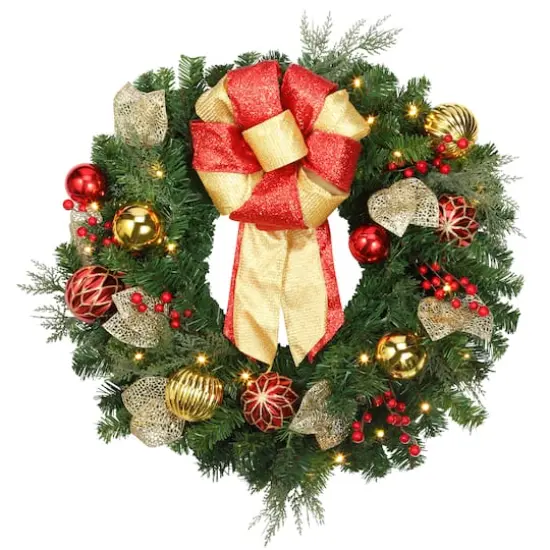 24" Pre-Lit Madison Gold Leaves & Ornaments Wreath {1}